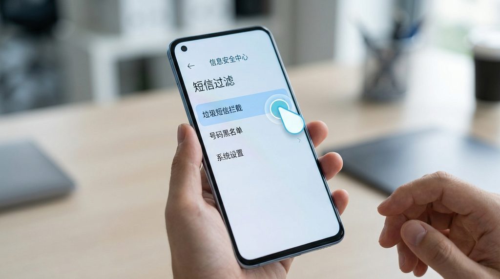 手机短信过滤设置界面的特写,光标指向垃圾短信拦截文件夹