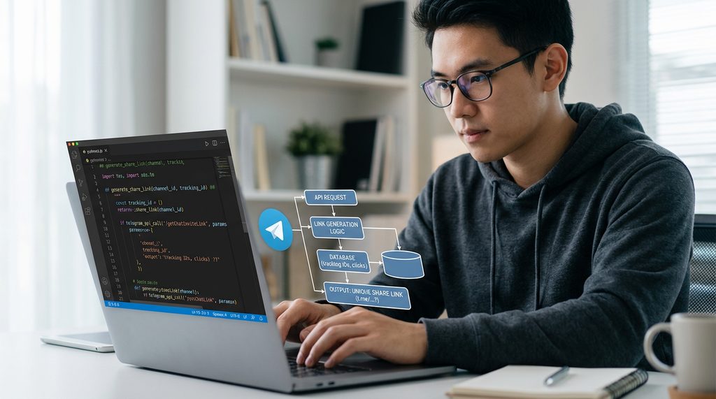 程序员在笔记本电脑上编写自动化脚本，屏幕显示纸飞机 API 调用代码和链接生成逻辑图