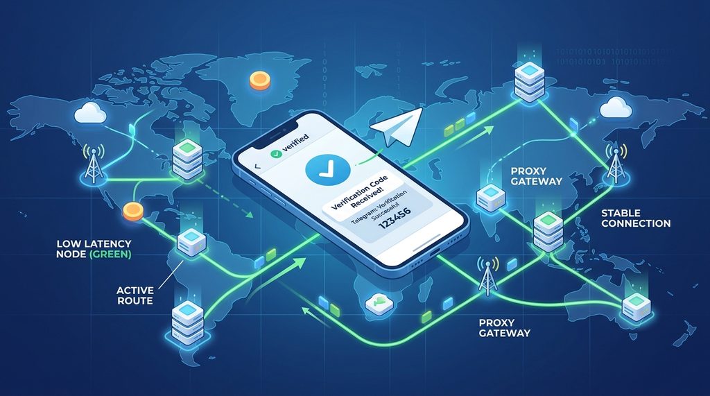 一张简洁的现代风格插画，展示了一个手机连接着不同节点的网络拓扑图，体现网络通畅的概念