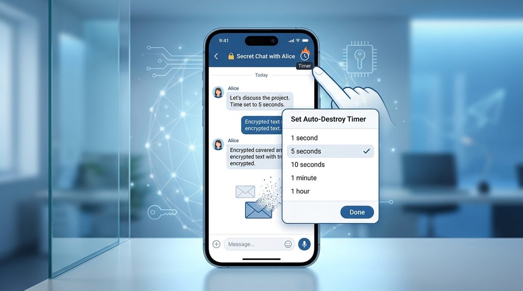 手机屏幕截图，展示在加密聊天界面点击计时器图标并设置倒计时的操作过程，UI 简洁清晰
