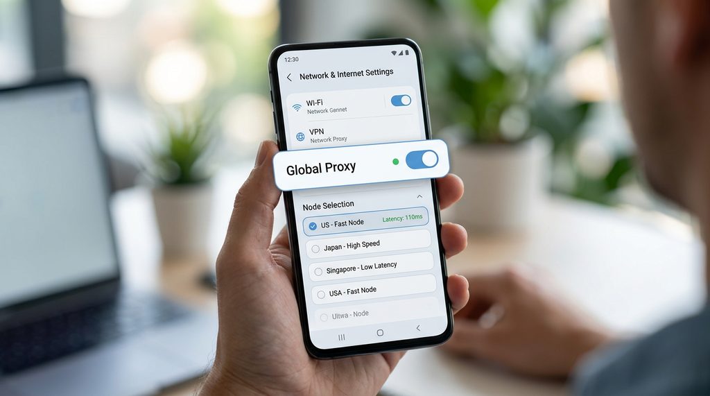 一部智能手机显示网络连接设置界面,背景模糊,突出显示网络开关与节点选择选项