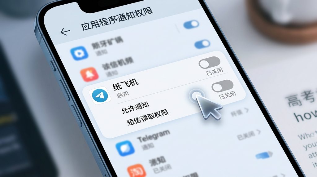 手机设置界面的特写截图，显示应用程序通知权限管理，光标正悬停在短信和通知的开关上