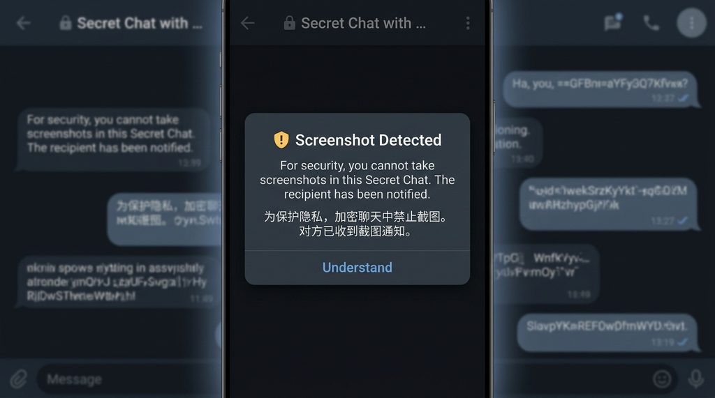 一张演示界面图，展示纸飞机加密聊天中触发防截图警告后的提示框，色调为深色模式