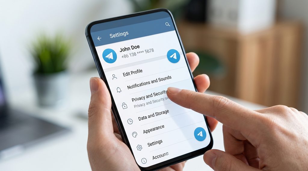 一部智能手机显示纸飞机设置页面,手指点击隐私与安全选项的特写