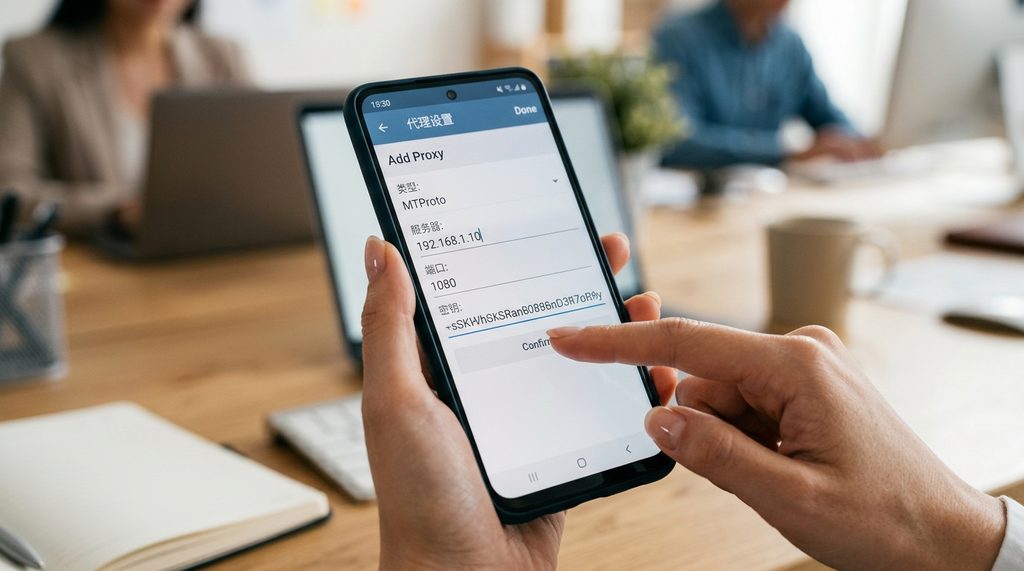 一位用户正在手机设置菜单中输入代理参数的特写,界面简洁清晰,显示着服务器与端口配置栏