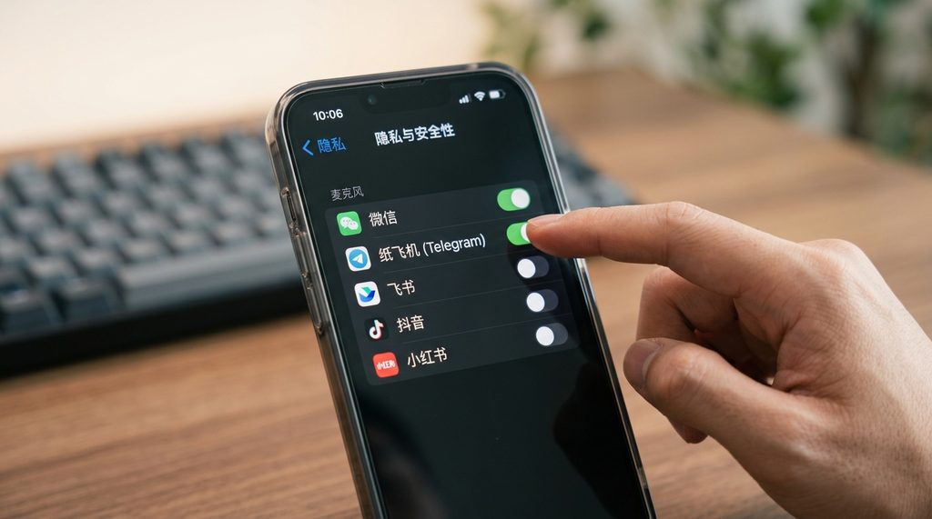 一只手正在手机设置菜单中开启应用麦克风权限的特写,背景模糊,光线柔和