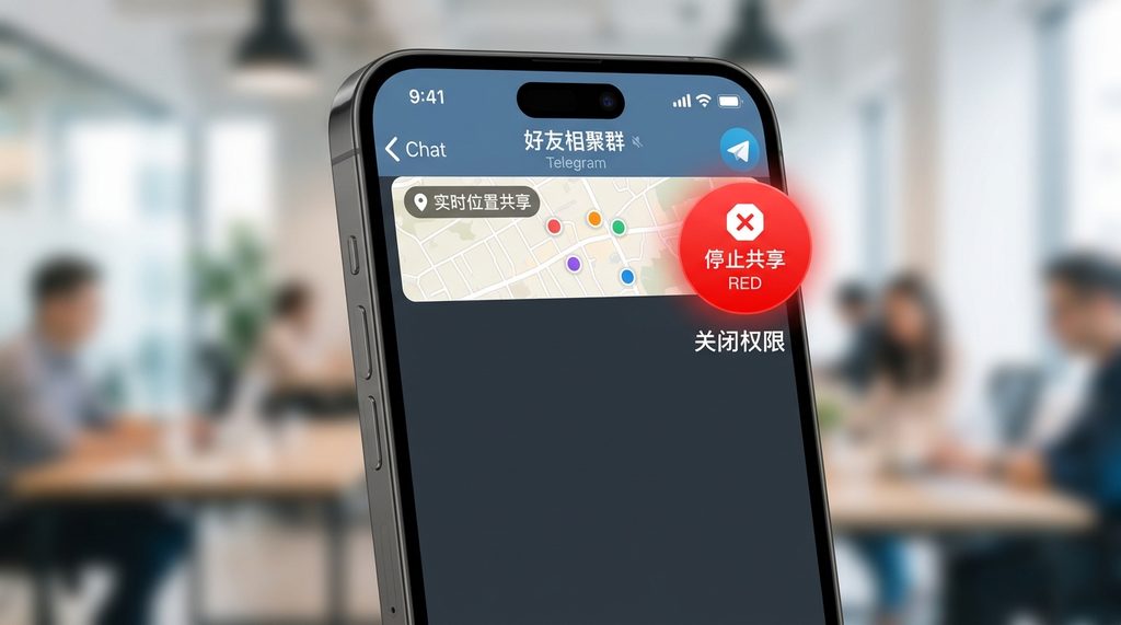 纸飞机聊天界面中实时位置共享功能的关闭按钮示意图，强调红色的停止图标