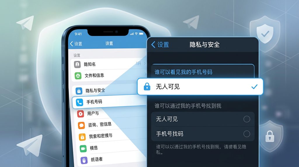 纸飞机App隐私与安全菜单设置界面,展示手机号码隐私选项的设置细节,高亮显示“无人可见”选项,现代U