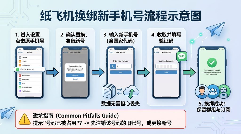 纸飞机更换手机号操作流程示意图,简洁明了的箭头指向步骤