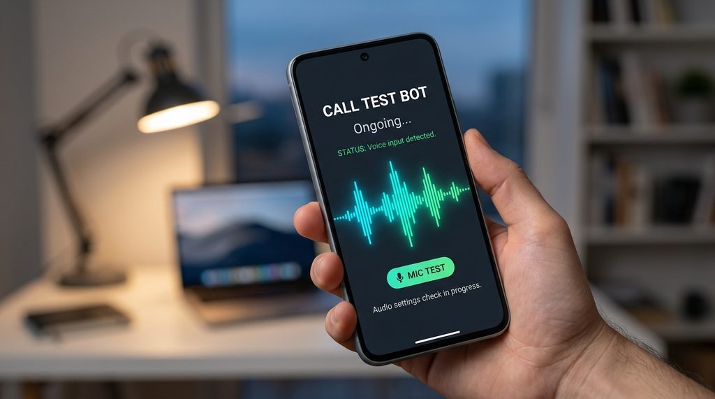 一个清晰的手机通话界面,显示正在进行语音测试,屏幕上有音量波形跳动