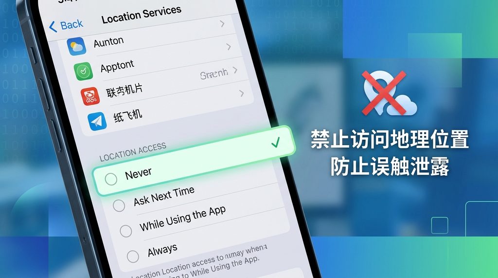 手机隐私设置界面，显示定位权限管理页面，勾选“从不允许”选项
