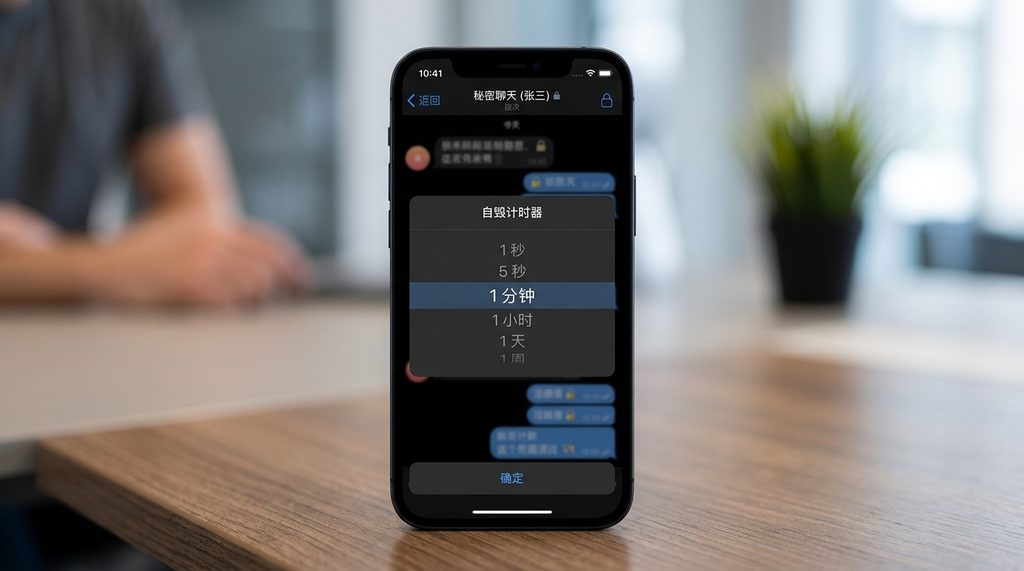 纸飞机软件内的自毁计时器设置菜单特写，显示可以选择 1 秒、1 分钟、1 小时、1 天等时间单位