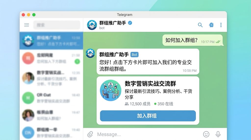 纸飞机软件内的自动化机器人交互界面,显示用户发送指令后,机器人弹出群组邀请卡片的细节