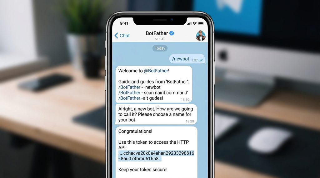 手机屏幕显示在纸飞机聊天窗口中输入/newbot指令,上方浮现出BotFather创建成功并返回AP