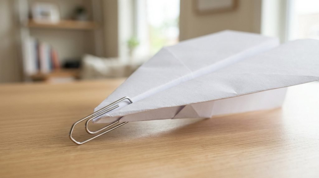 一张特写照片,展示纸飞机机头位置别着一枚银色回形针,背景是干净的室内空间,光线柔和