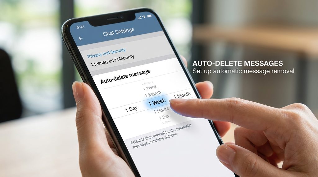 纸飞机软件内的自动删除设置界面,手指正在滑动选择删除时间间隔的特写