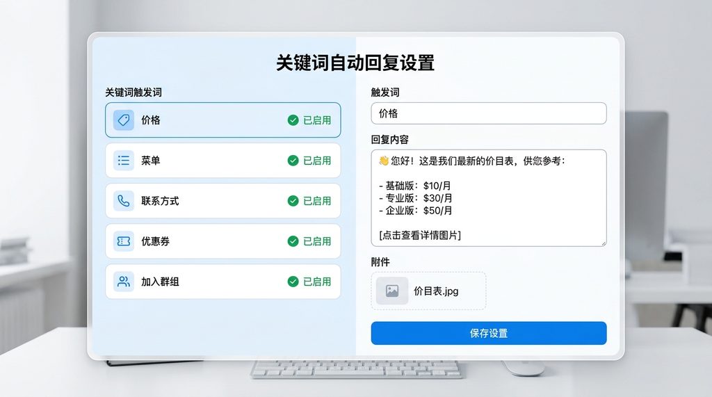 一个直观的自动回复后台设置界面,左侧列表显示关键词触发词,右侧为对应的回复文本框,配有保存按钮