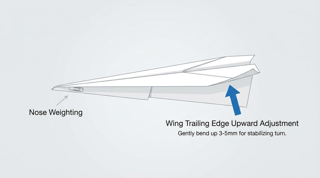 纸飞机侧视图,箭头标示出机翼后缘向上微微弯曲的调整位置,极简风格设计