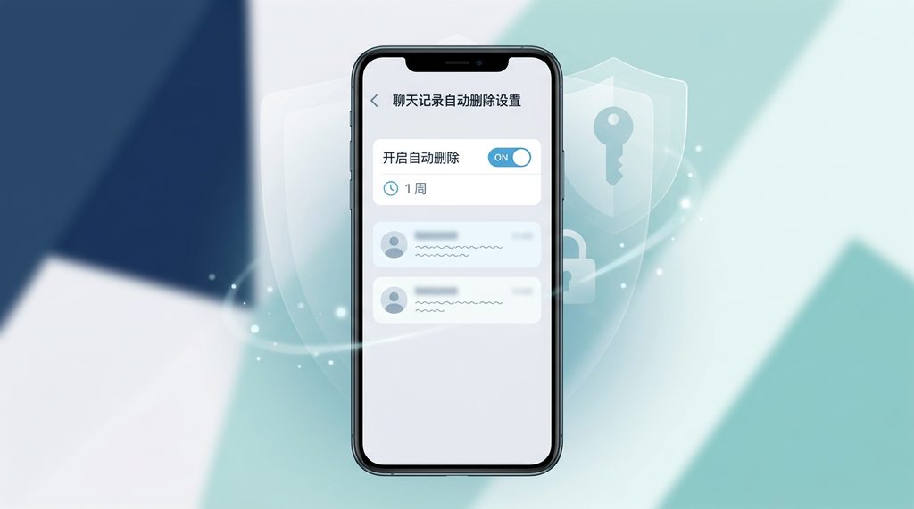 极简主义风格的手机屏幕,显示清爽的聊天界面,背景虚化,强调隐私保护概念