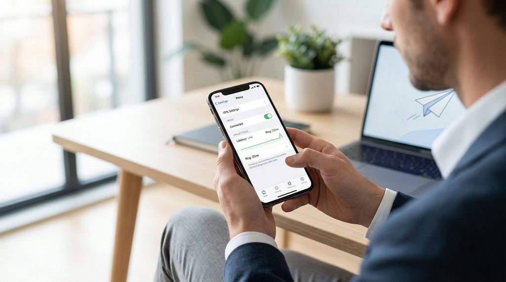 一位用户正在检查手机上的网络代理设置界面,屏幕显示连接状态为已连接且延迟较低,背景简洁明亮