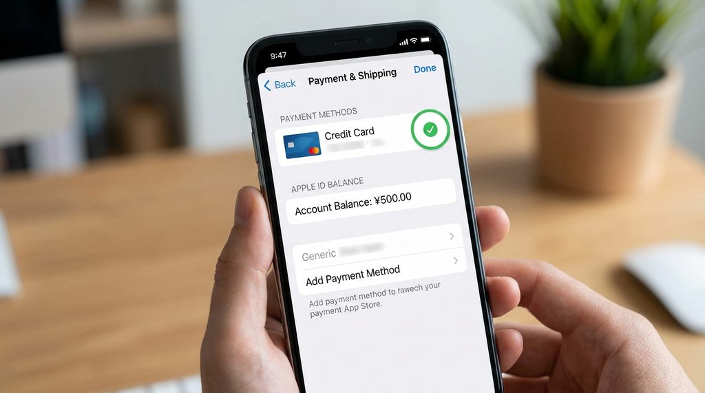 手机屏幕显示应用商店支付方式设置界面,信用卡图标旁有绿色对勾,下方显示余额充足的账户信息