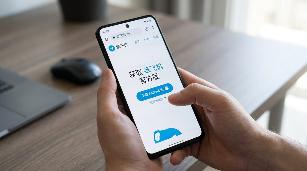 在智能手机浏览器中打开 纸飞机 官方网站并显示下载按钮的界面,简洁清晰的 UI 设计