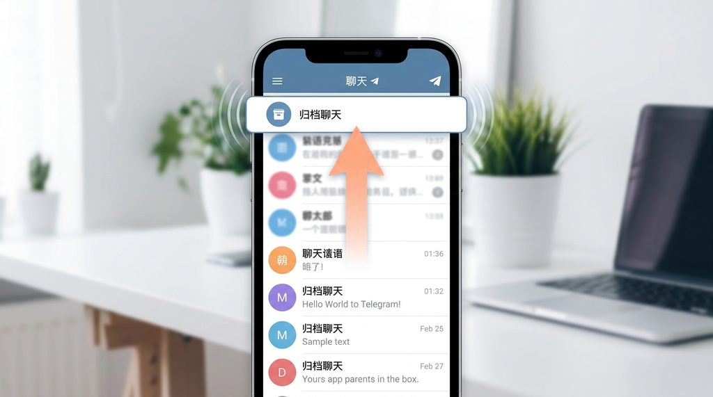 手机纸飞机应用界面，展示顶部归档文件夹的箭头指向及点击效果，简洁明了的UI风格