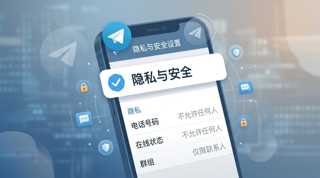 手机屏幕显示纸飞机隐私设置页面，重点标注“隐私与安全”选项的勾选状态