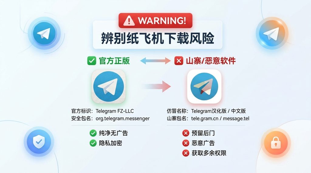 一个警示图标展示,对比正版与山寨软件的图标及包名差异,强调辨别要点