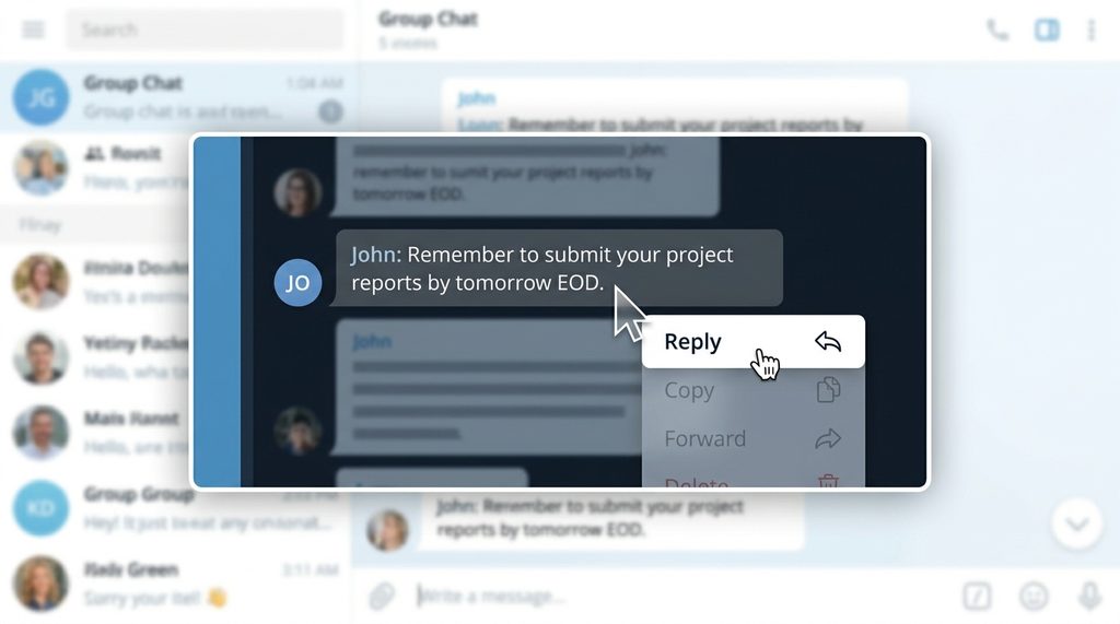 纸飞机消息回复流程演示,光标悬停在消息框上并显示“回复”选项的视觉效果