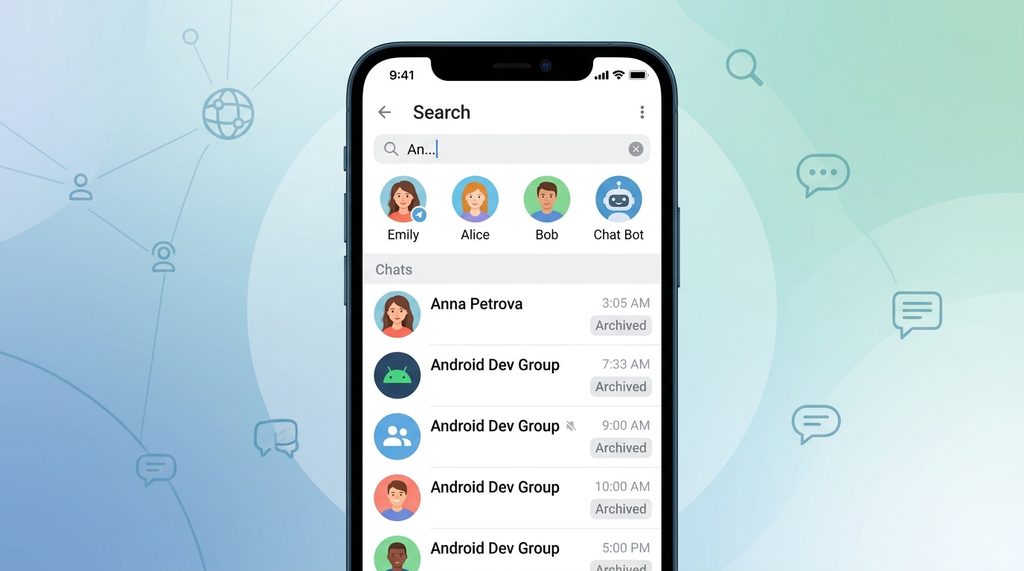 纸飞机搜索界面，输入框显示搜索建议，搜索结果中包含标注为归档的聊天条目