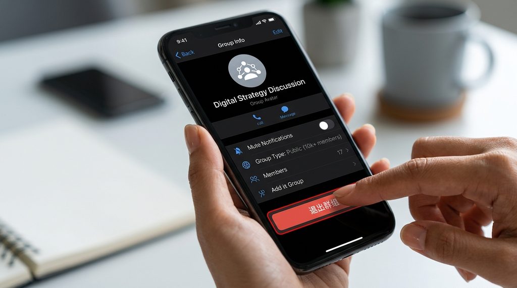 纸飞机群组资料页，手指点击“退出群组”按钮的局部特写图