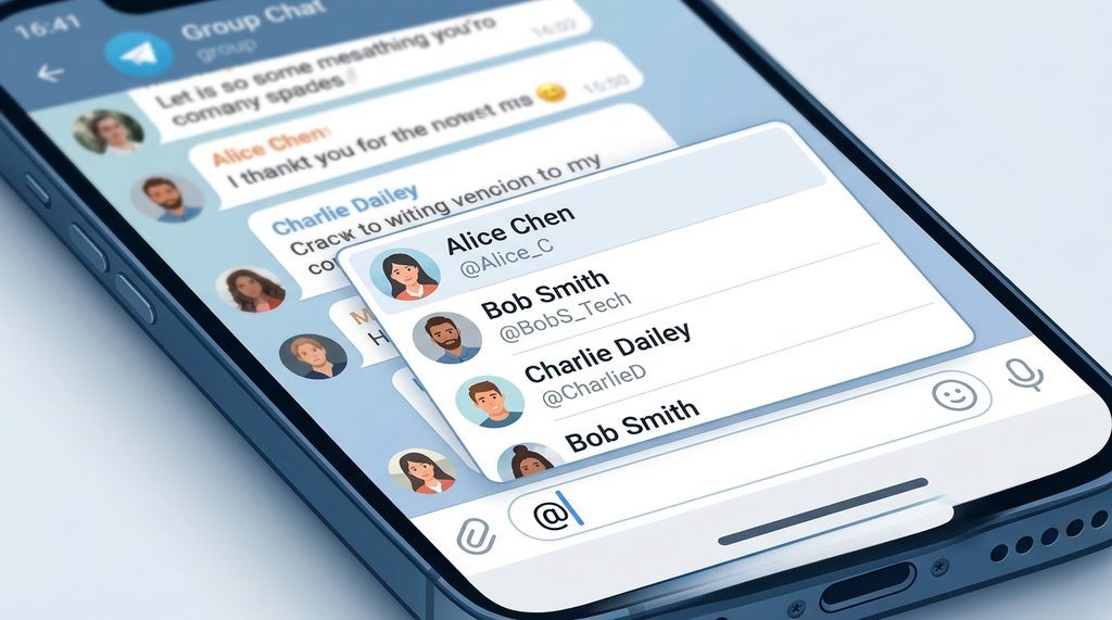 手机屏幕截图，显示纸飞机群聊输入框中输入@符号后弹出的联系人列表界面，光标聚焦在候选人列表上