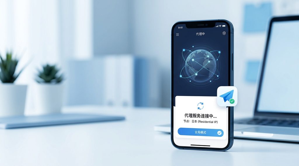 一台智能手机屏幕显示正在连接代理软件的界面,背景是简洁的蓝白色调