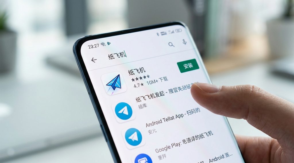 安卓手机屏幕显示Google Play商店界面,搜索栏输入纸飞机并出现官方应用图标的特写图