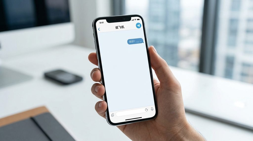 智能手机界面展示纸飞机聊天窗口,消息旁边有一个灰色的单勾图标,背景简洁现代