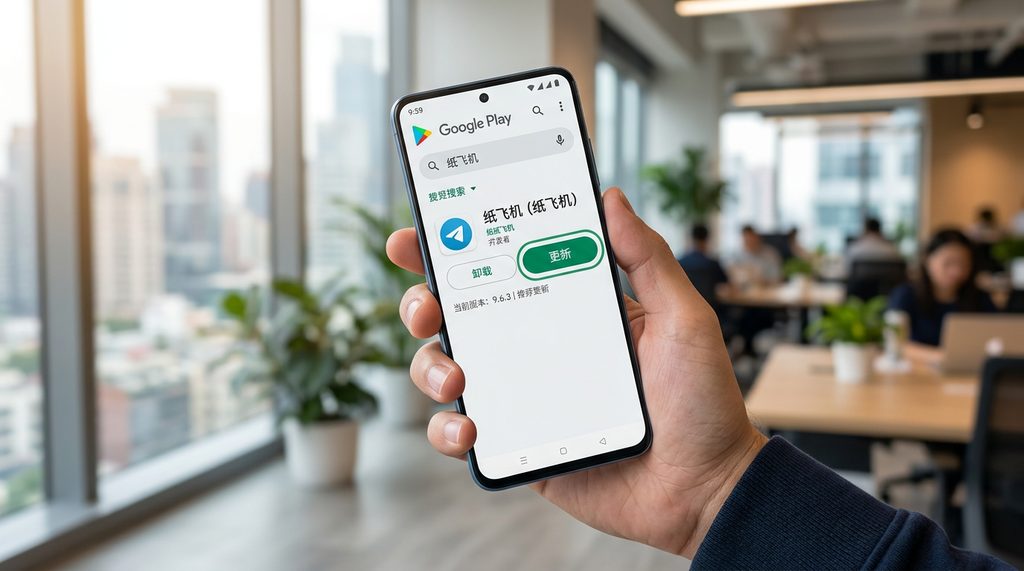 一部智能手机显示 Google Play 商店中 纸飞机 的更新按钮，背景清晰，专业科技感风格
