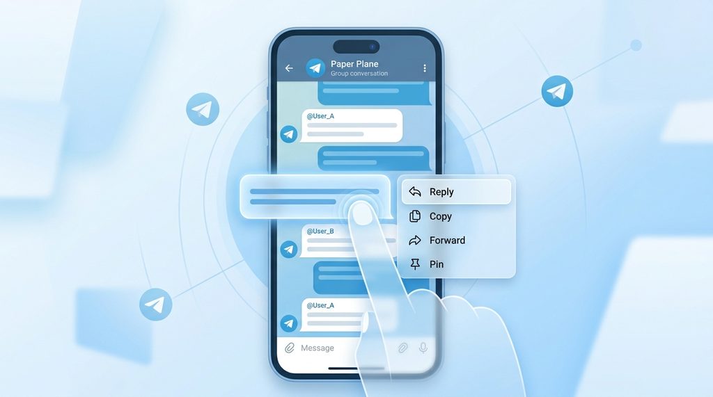 纸飞机软件操作演示，长按某条聊天气泡，弹出含有回复选项的功能菜单
