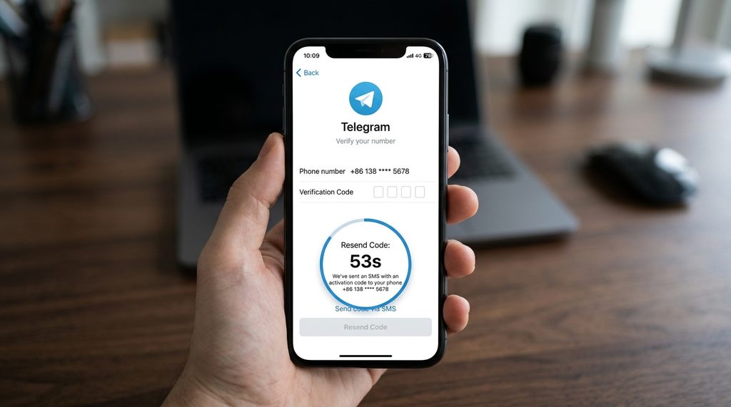 手机屏幕显示纸飞机登录页面,正在倒计时获取验证码的特写镜头