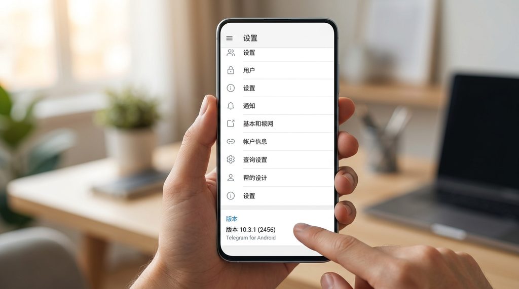 纸飞机 App 的设置页面底部，手指指向显示版本号的区域，突出界面简洁的 UI 设计
