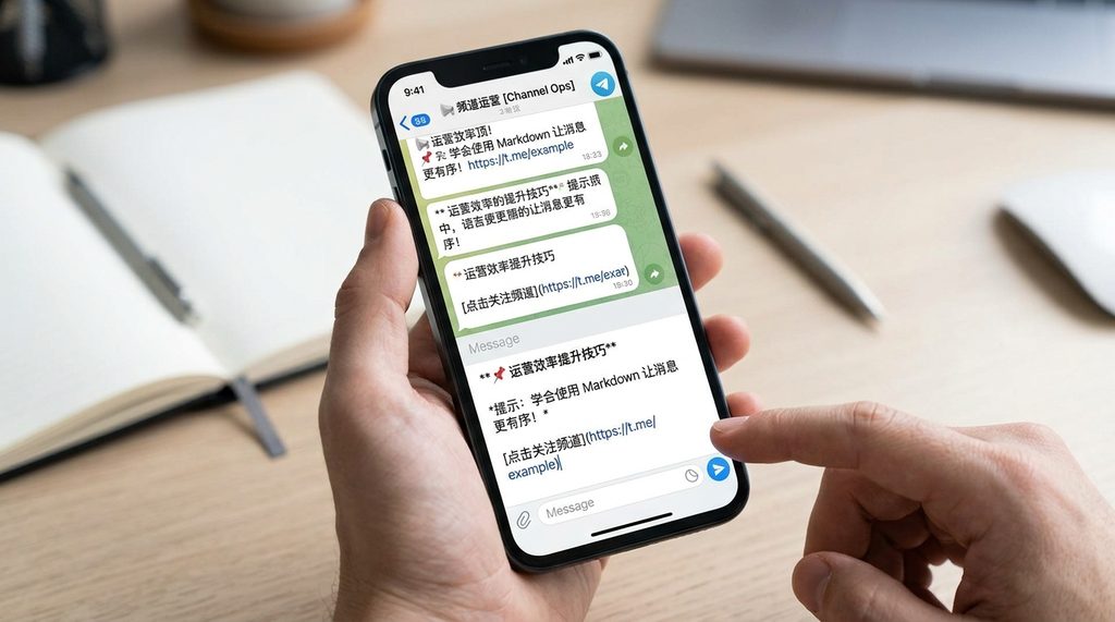 一个纸飞机聊天界面，手机屏幕上正在编辑一条带有加粗标题和斜体标注的文本，显示出清晰的视觉层次