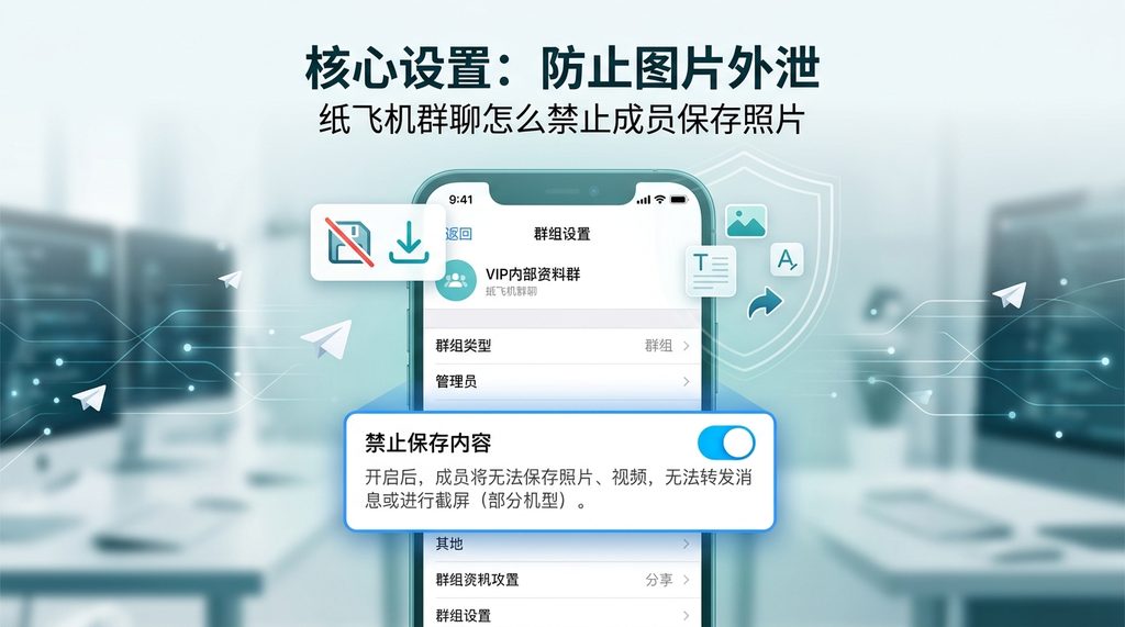 纸飞机群组设置页面,高亮显示“限制保存内容”功能的开关切换界面