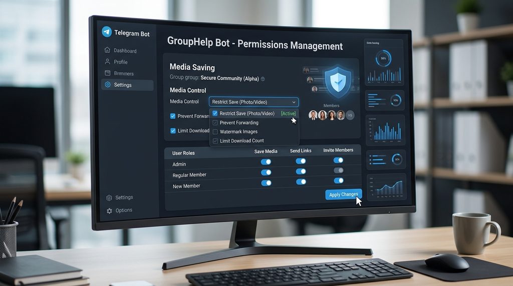 一台电脑显示器展示 纸飞机 Bot 后台命令界面,正在进行群权限配置