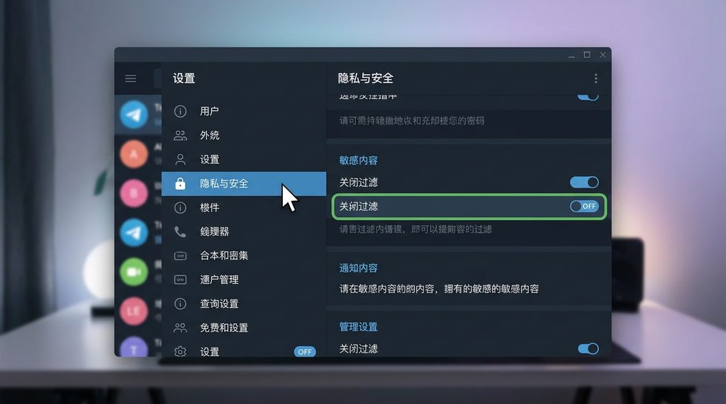 展示纸飞机桌面端设置界面,鼠标点击隐私与安全选项,突出显示敏感内容关闭开关的截图