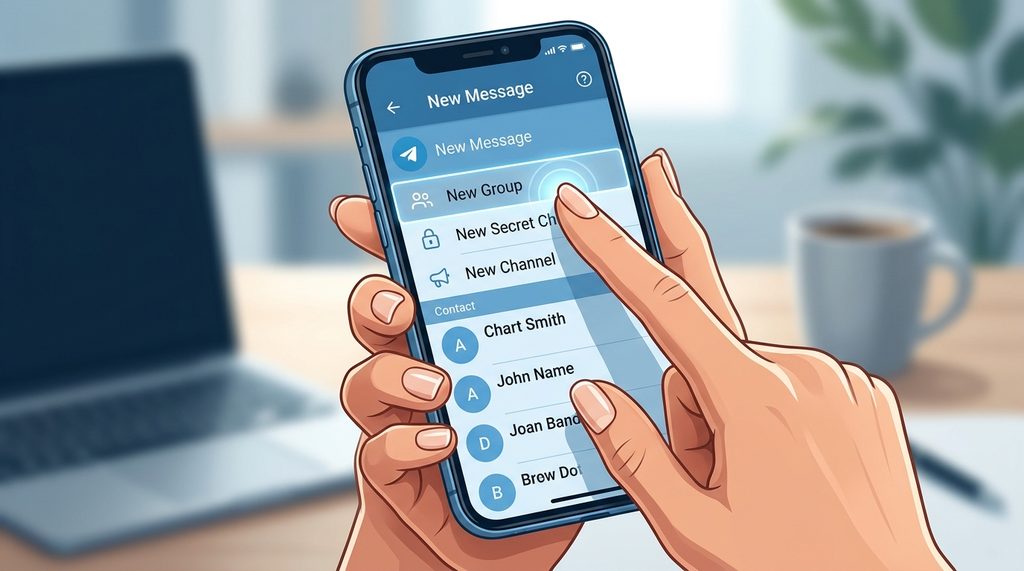 手机屏幕显示纸飞机新建群组界面,手指点击“新建群组”选项,简洁的蓝色调UI风格