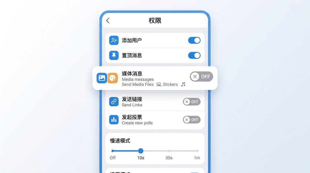 设置界面中的群组权限选项,包含禁止发送媒体文件、禁止发链接等开关,清晰的展示了设置面板